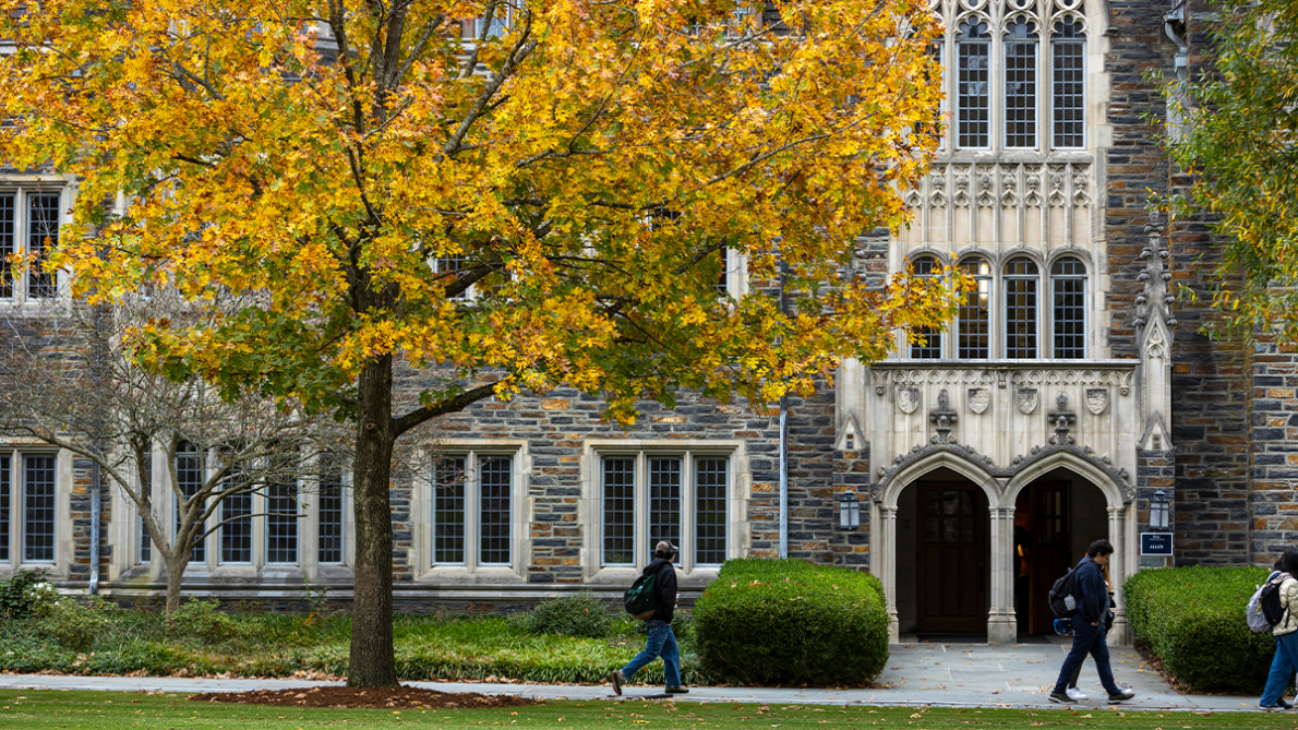 west campus buildings with trees showing fall foliage. 
