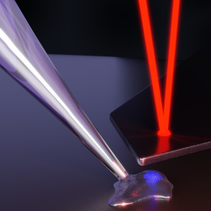 An artist's rendition of the experimental setup. As the cantilever beam (black/grey) approaches the cell below, a silver-tipped glass pipette measures the electrical response, while a red laser measures the force applied by the cantilever beam.